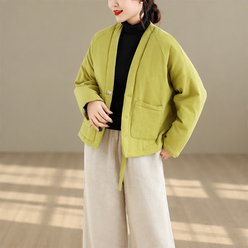 Buddha Stones Fall Winter Casual Tang Style Frog Button Solid Cropped Women's Kimono With Pockets - image 29