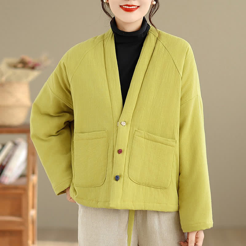 Buddha Stones Fall Winter Casual Tang Style Frog Button Solid Cropped Women's Kimono With Pockets - image 26