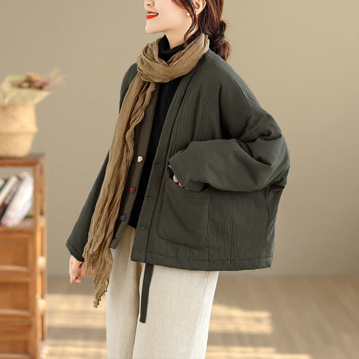 Buddha Stones Fall Winter Casual Tang Style Frog Button Solid Cropped Women's Kimono With Pockets - image 3