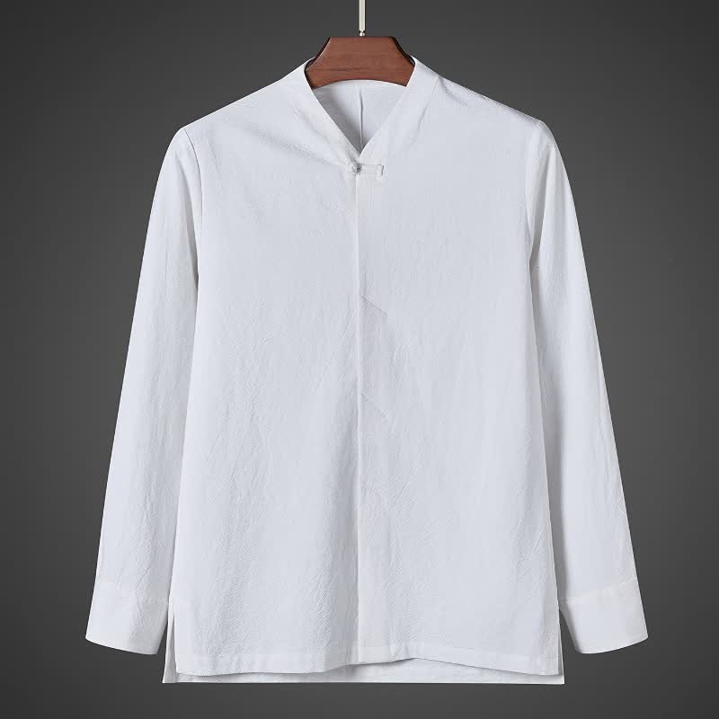 Buddha Stones Fall Simple Tang Style Pankou Solid Men's Long Sleeve Shirts - White - US/UK/AU44, EU54 (5XL) - image 10