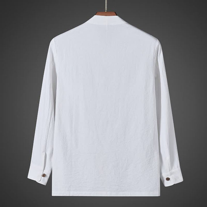 Buddha Stones Fall Simple Tang Style Pankou Solid Men's Long Sleeve Shirts - image 11
