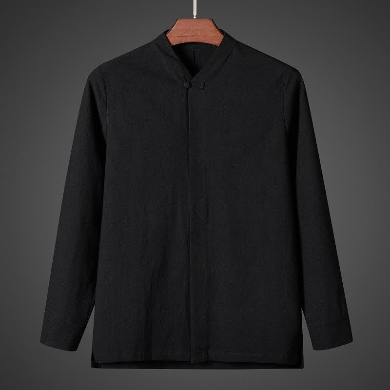 Buddha Stones Fall Simple Tang Style Pankou Solid Men's Long Sleeve Shirts - Black - US/UK/AU44, EU54 (5XL) - image 6