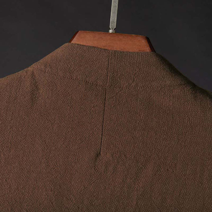Buddha Stones Fall Simple Tang Style Pankou Solid Men's Long Sleeve Shirts - image 3