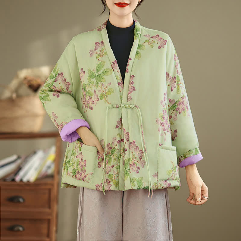 Buddha Stones Fall Winter Vintage Tang Style Frog Button Floral Pattern Women's Kimono With Pockets - Honeydew - US12, UK/AU16, EU44 (XL) - image 0