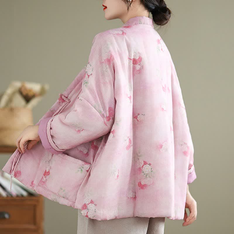 Buddha Stones Fall Winter Vintage Tang Style Frog Button Floral Pattern Women's Kimono With Pockets - image 14