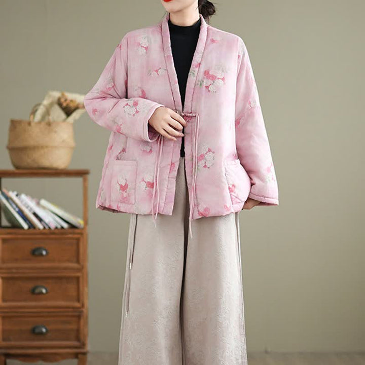 Buddha Stones Fall Winter Vintage Tang Style Frog Button Floral Pattern Women's Kimono With Pockets - image 15