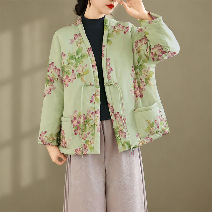 Buddha Stones Fall Winter Vintage Tang Style Frog Button Floral Pattern Women's Kimono With Pockets - image 4