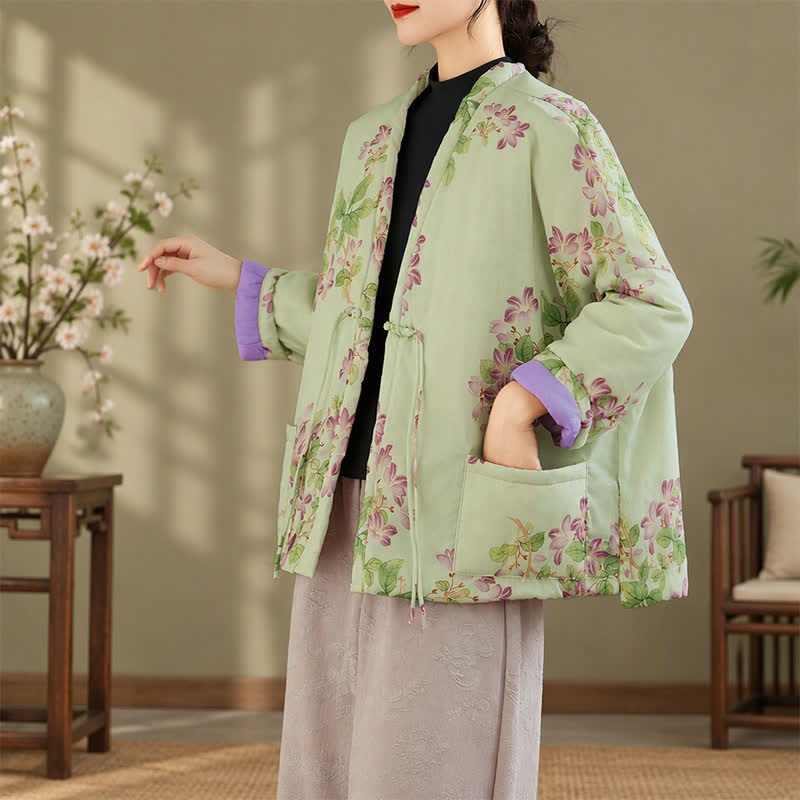 Buddha Stones Fall Winter Vintage Tang Style Frog Button Floral Pattern Women's Kimono With Pockets - image 1