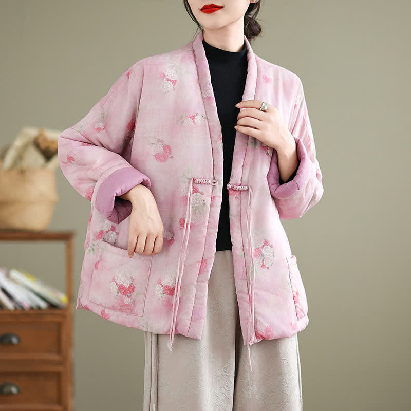 Buddha Stones Fall Winter Vintage Tang Style Frog Button Floral Pattern Women's Kimono With Pockets - image 11