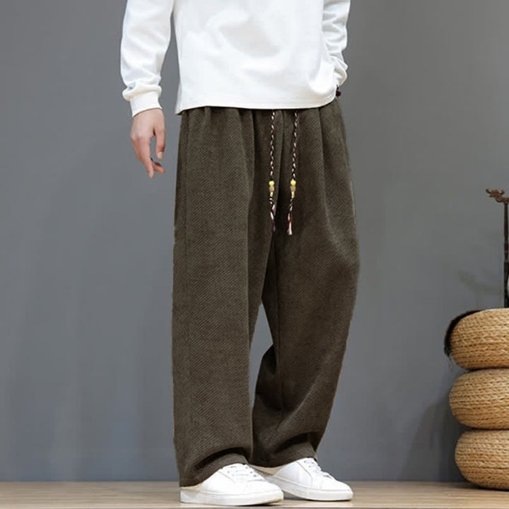 Buddha Stones Fall Winter Plain Classic Drawstring Solid Ankle Pants Corduroy Men's Straight Leg Pants With Pockets - image 1