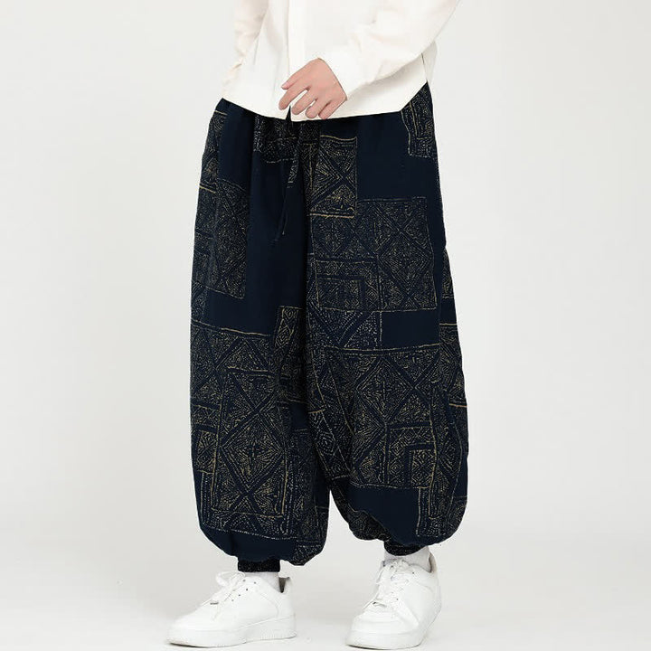 Buddha Stones Spring Fall Vintage Casual Drawstring Geometric Cropped Pants Men's Harem Pants With Pockets - MidnightBlue - US/UK/AU46, EU56 (5XL) - image 0