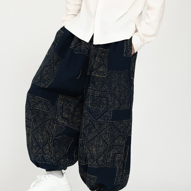 Buddha Stones Spring Fall Vintage Casual Drawstring Geometric Cropped Pants Men's Harem Pants With Pockets - image 5