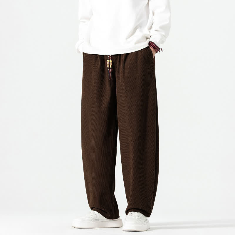 Buddha Stones Fall Winter Casual Boho Drawstring Solid Ankle Pants Corduroy Men's Straight Leg Pants With Pockets - SaddleBrown - US/UK/AU48, EU58 (5XL) - image 0