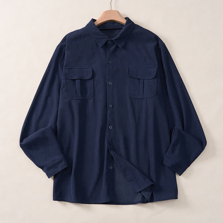 Buddha Stones Spring Casual Simple Solid Corduroy Men's Long Sleeve Shirts With Patch Pockets - image 18