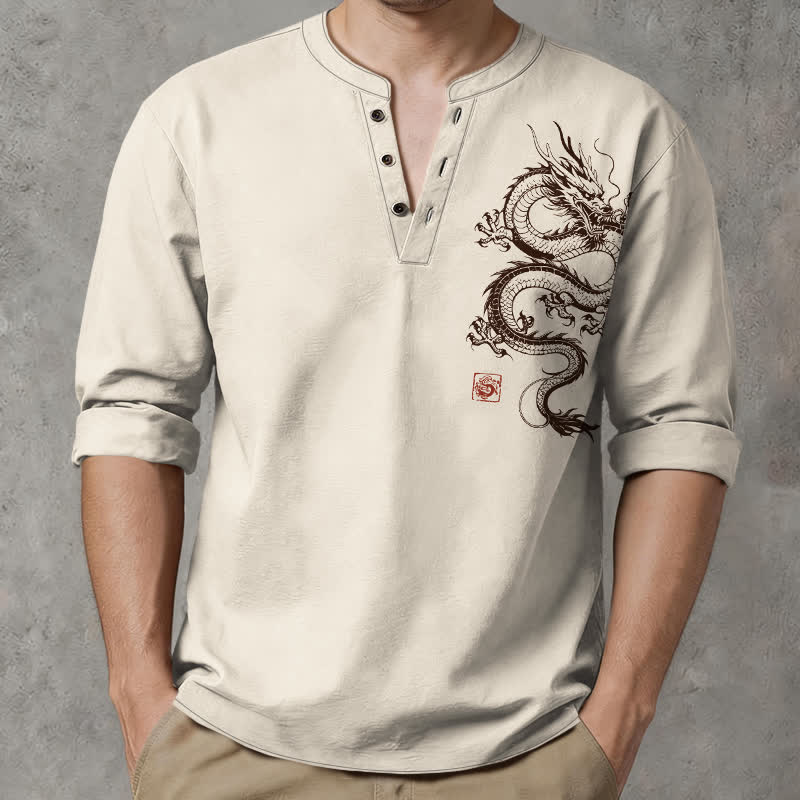 Buddha Stones Cotton Oriental Dragon Pattern V-Neck Buttons Men's Long Sleeve Shirts - Ivory - US/UK/AU48，EU58 (4XL) - image 0
