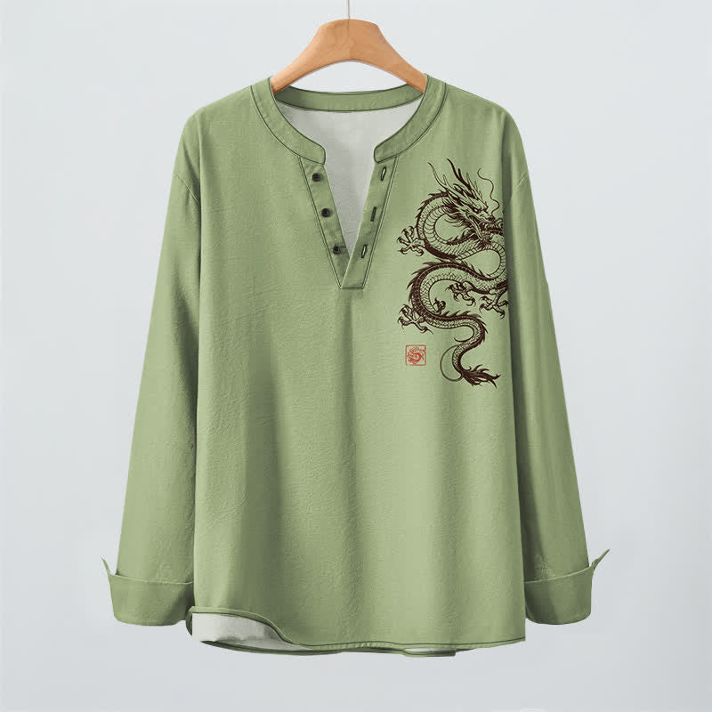 Buddha Stones Cotton Oriental Dragon Pattern V-Neck Buttons Men's Long Sleeve Shirts - image 9