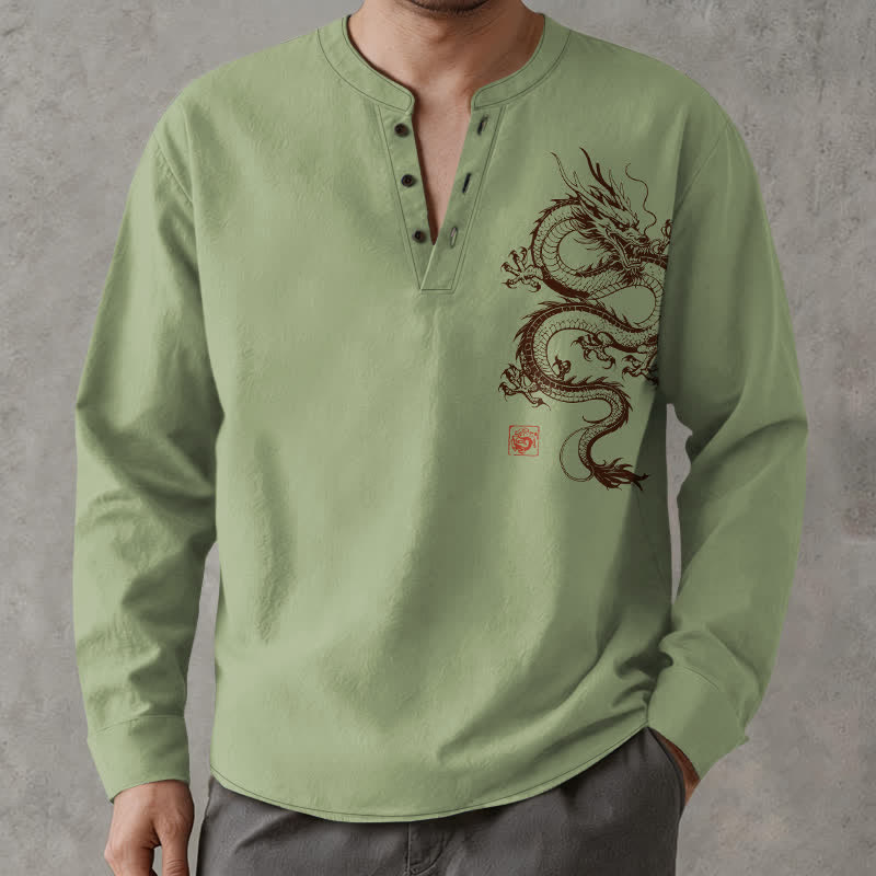 Buddha Stones Cotton Oriental Dragon Pattern V-Neck Buttons Men's Long Sleeve Shirts - image 8