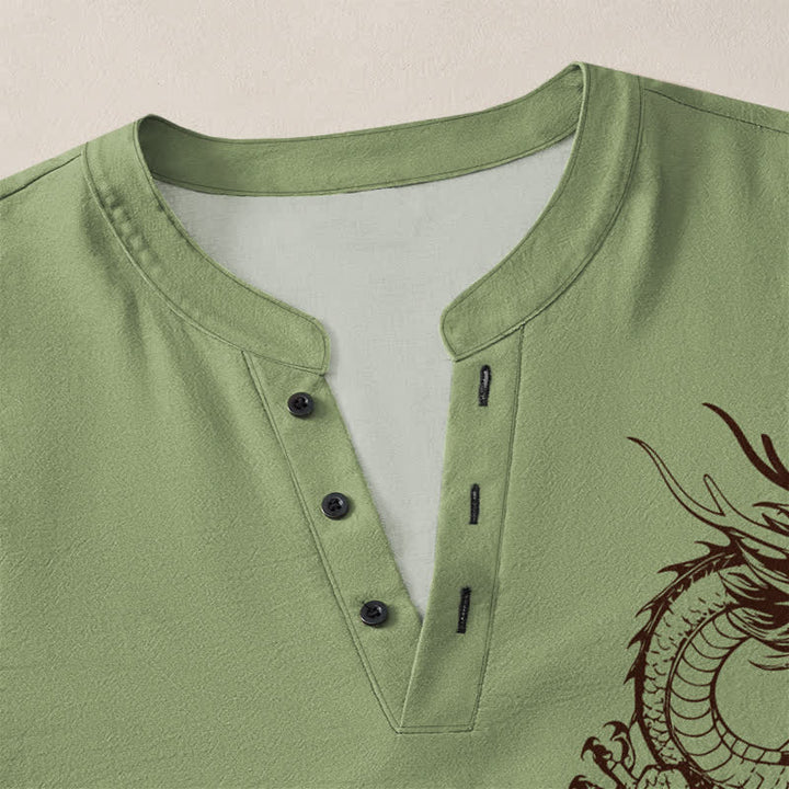 Buddha Stones Cotton Oriental Dragon Pattern V-Neck Buttons Men's Long Sleeve Shirts - image 11