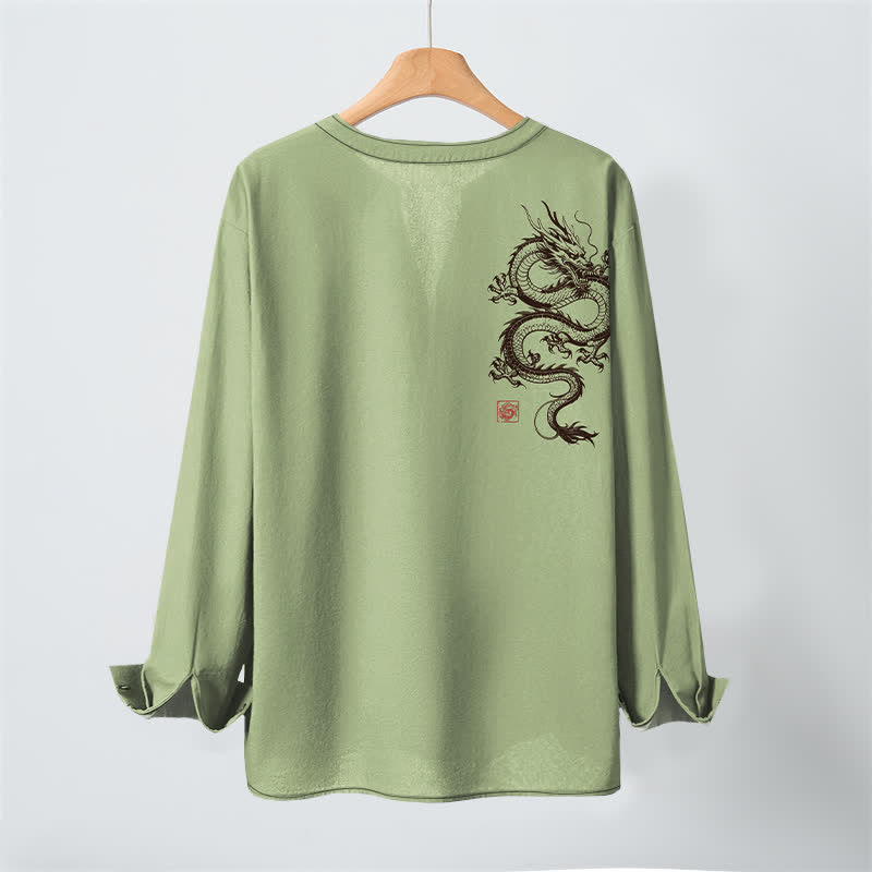 Buddha Stones Cotton Oriental Dragon Pattern V-Neck Buttons Men's Long Sleeve Shirts - image 10