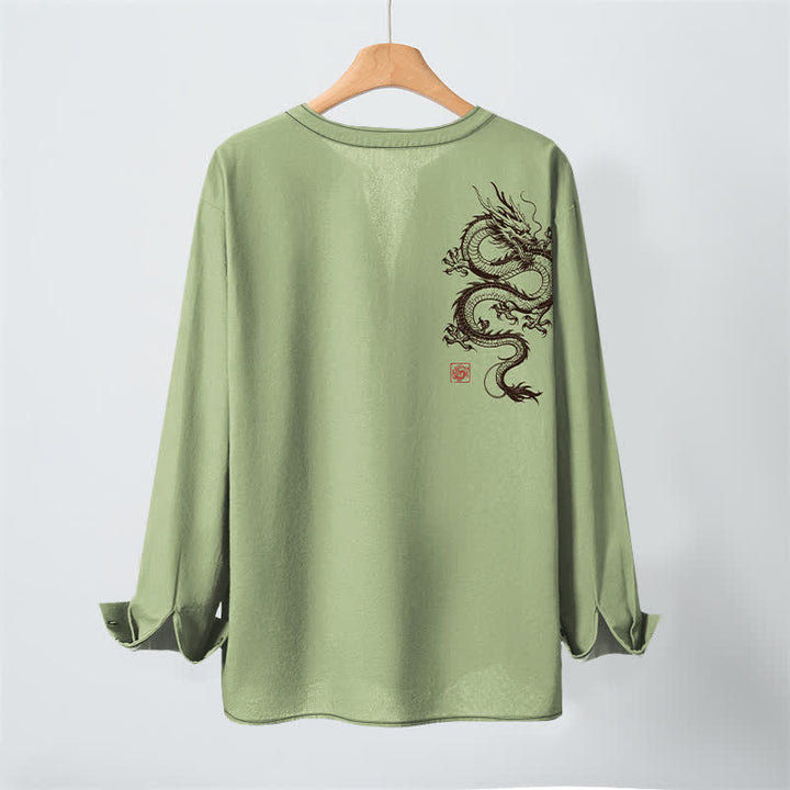 Buddha Stones Cotton Oriental Dragon Pattern V-Neck Buttons Men's Long Sleeve Shirts - image 10