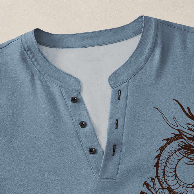 Buddha Stones Cotton Oriental Dragon Pattern V-Neck Buttons Men's Long Sleeve Shirts - image 18