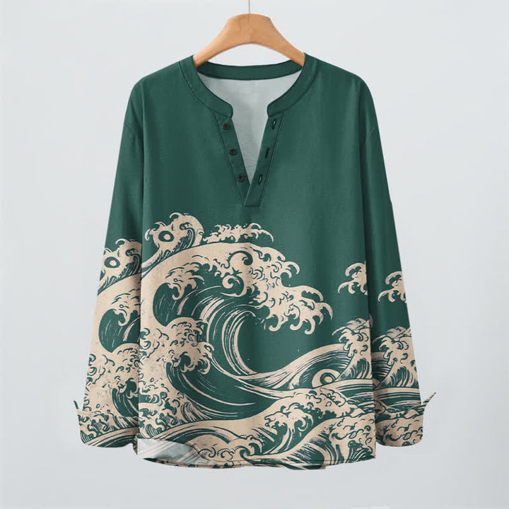 Buddha Stones Cotton Vintage Wave Cloud Pattern V-Neck Buttons Men's Long Sleeve Shirts - image 9