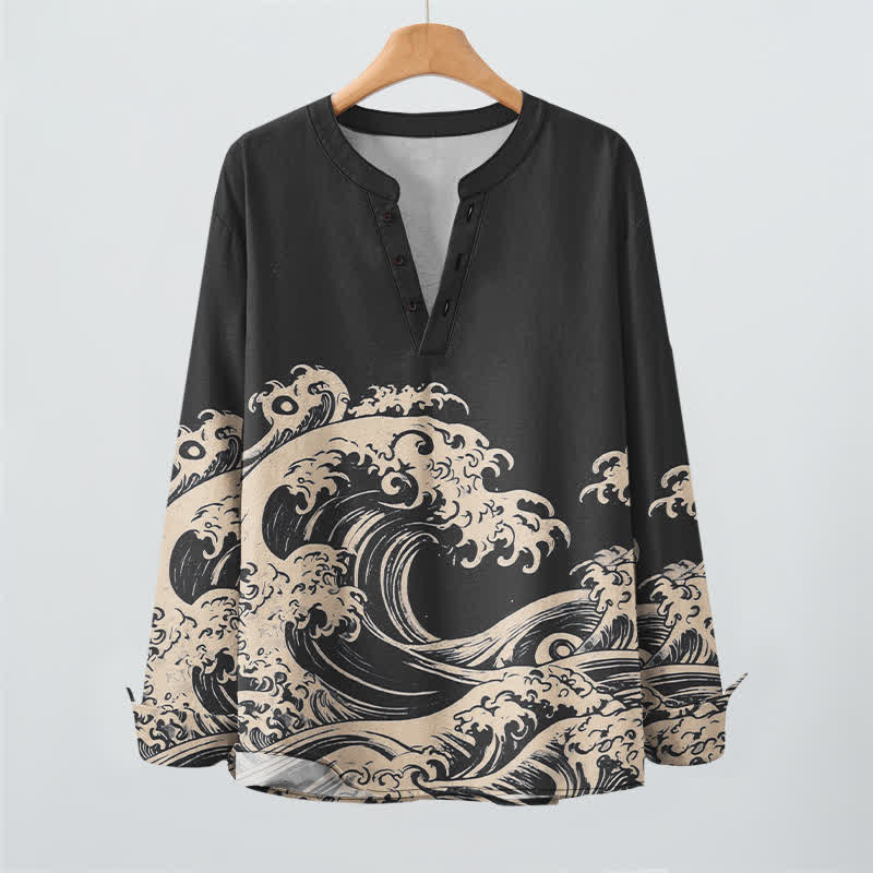 Buddha Stones Cotton Vintage Wave Cloud Pattern V-Neck Buttons Men's Long Sleeve Shirts - image 16