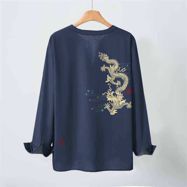 Buddha Stones Cotton Golden Dragon Cloud Pattern V Neck Buttons Men's Long Sleeve Shirts - image 3