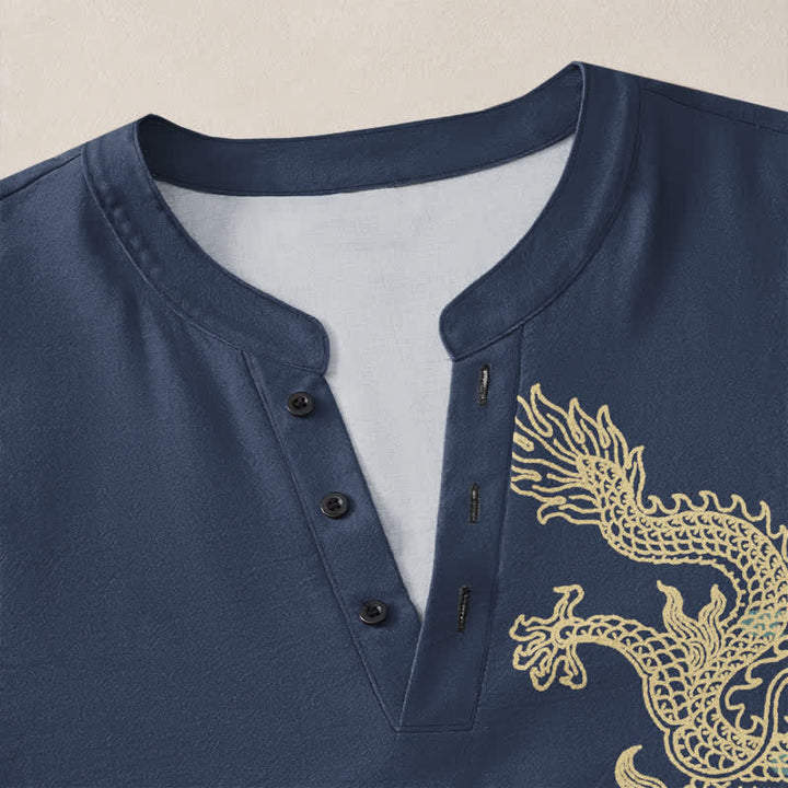 Buddha Stones Cotton Golden Dragon Cloud Pattern V Neck Buttons Men's Long Sleeve Shirts - image 4