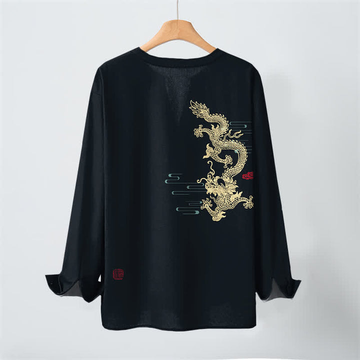 Buddha Stones Cotton Golden Dragon Cloud Pattern V Neck Buttons Men's Long Sleeve Shirts - image 10