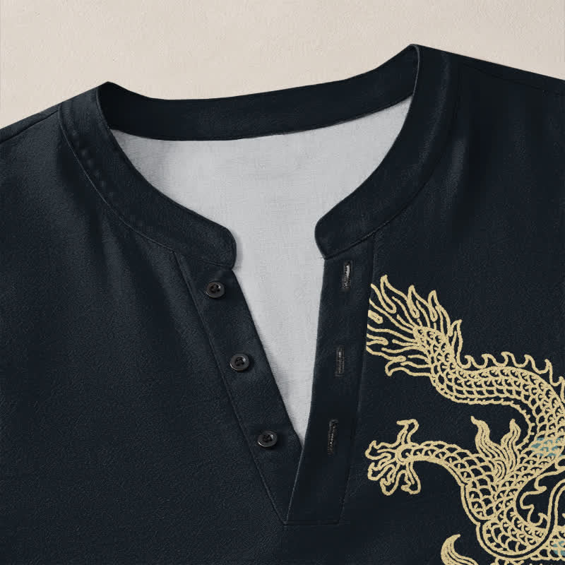Buddha Stones Cotton Golden Dragon Cloud Pattern V Neck Buttons Men's Long Sleeve Shirts - image 11
