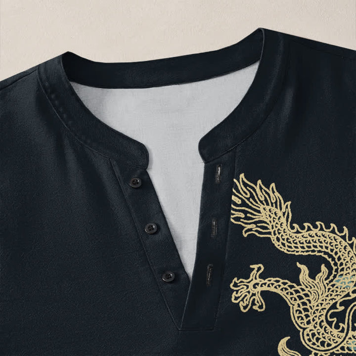 Buddha Stones Cotton Golden Dragon Cloud Pattern V Neck Buttons Men's Long Sleeve Shirts - image 11