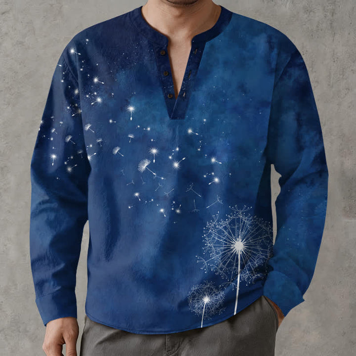 Buddha Stones Cotton Dandelion Seed Pattern V-Neck Buttons Men's Long Sleeve Shirts - Navy - US/UK/AU48，EU58 (4XL) - image 0