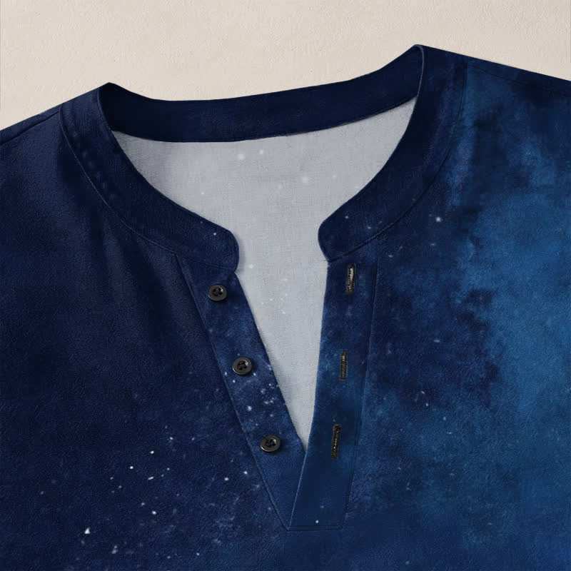 Buddha Stones Cotton Dandelion Seed Pattern V-Neck Buttons Men's Long Sleeve Shirts - image 4