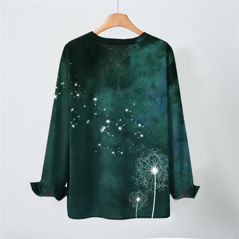 Buddha Stones Cotton Dandelion Seed Pattern V-Neck Buttons Men's Long Sleeve Shirts - image 10