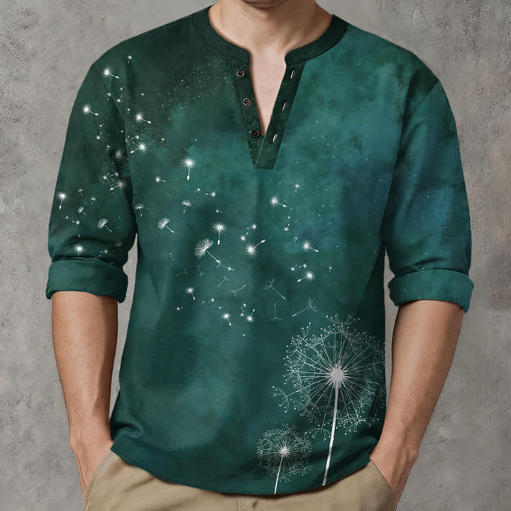 Buddha Stones Cotton Dandelion Seed Pattern V-Neck Buttons Men's Long Sleeve Shirts - image 8