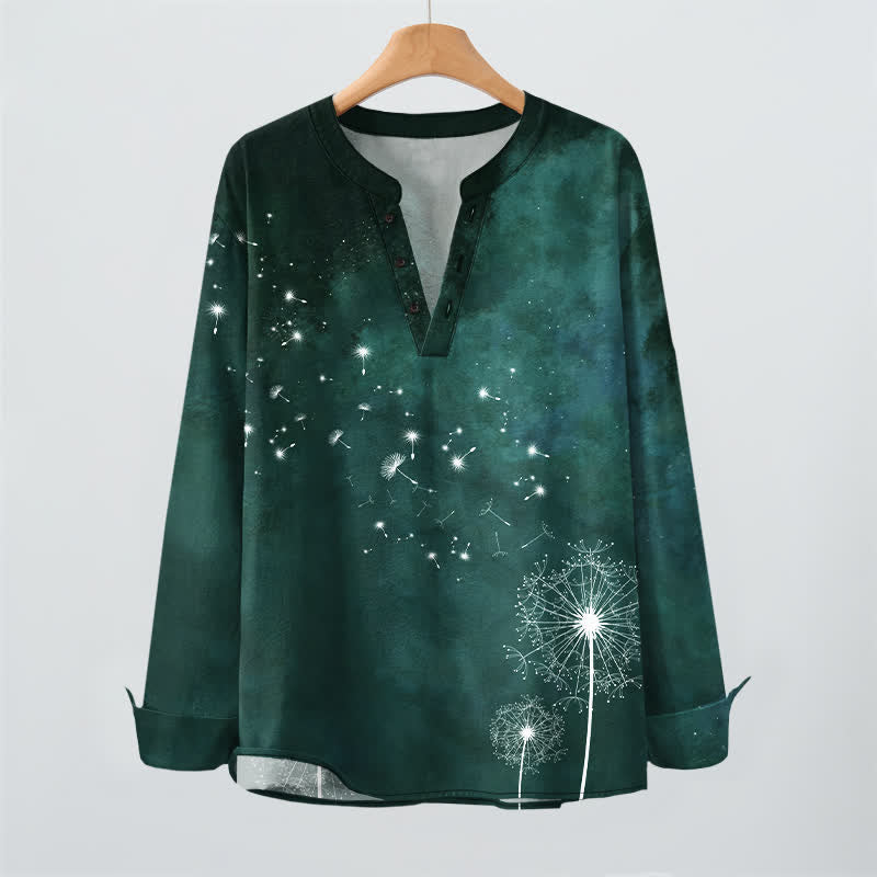 Buddha Stones Cotton Dandelion Seed Pattern V-Neck Buttons Men's Long Sleeve Shirts - image 9
