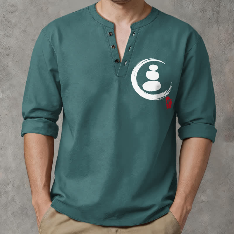 Buddha Stones Cotton Minimal Zen Symbol Pattern V-Neck Buttons Men's Long Sleeve Shirts - Teal - US/UK/AU48，EU58 (4XL) - image 7