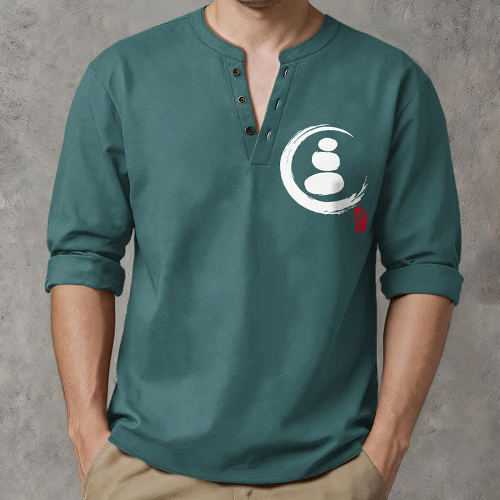 Buddha Stones Cotton Minimal Zen Symbol Pattern V-Neck Buttons Men's Long Sleeve Shirts - Teal - US/UK/AU48，EU58 (4XL) - image 7
