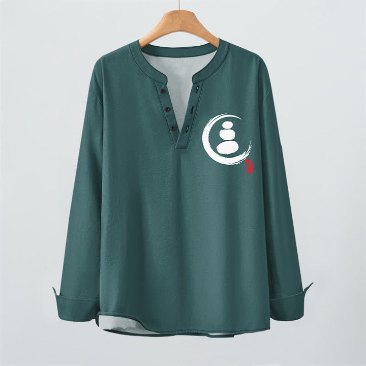 Buddha Stones Cotton Minimal Zen Symbol Pattern V-Neck Buttons Men's Long Sleeve Shirts - image 9