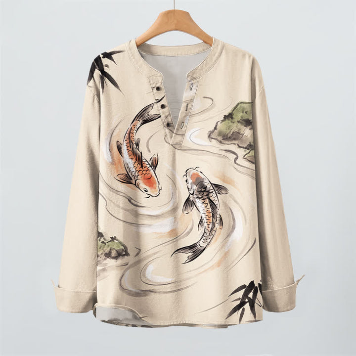 Buddha Stones Cotton Koi Lotus Ink Pattern V-Neck Buttons Men's Long Sleeve Shirts - image 2