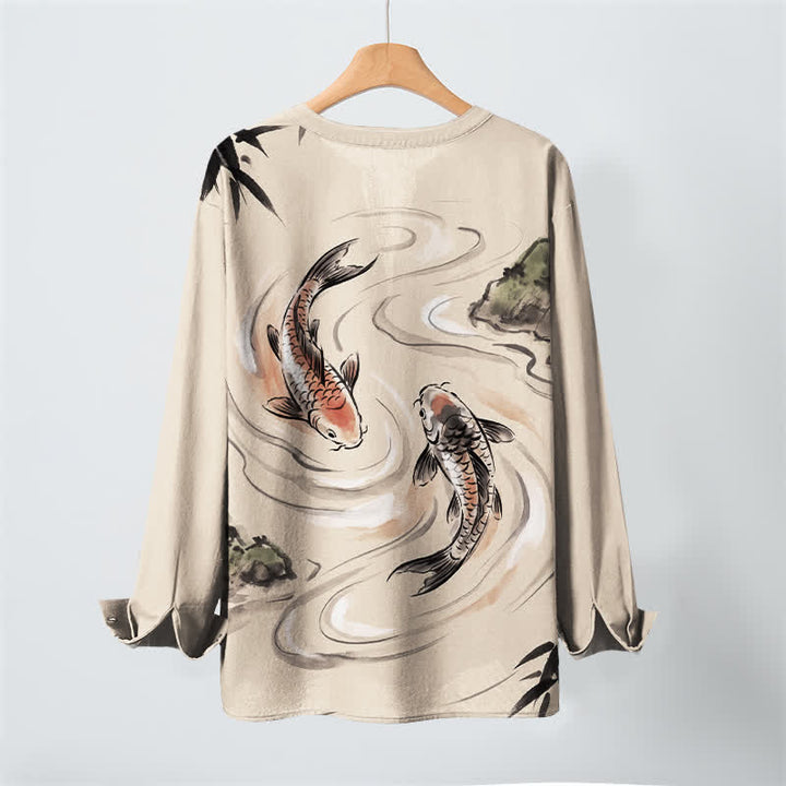 Buddha Stones Cotton Koi Lotus Ink Pattern V-Neck Buttons Men's Long Sleeve Shirts - image 3
