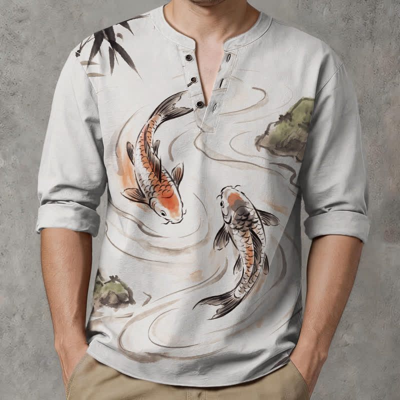 Buddha Stones Cotton Koi Lotus Ink Pattern V-Neck Buttons Men's Long Sleeve Shirts - image 8