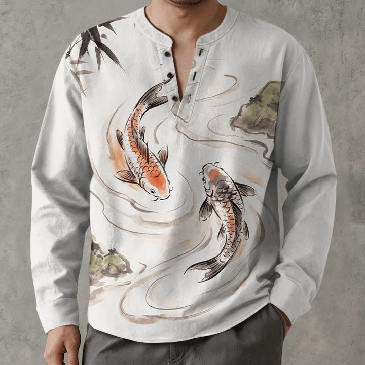 Buddha Stones Cotton Koi Lotus Ink Pattern V-Neck Buttons Men's Long Sleeve Shirts - WhiteSmoke - US/UK/AU48，EU58 (4XL) - image 7