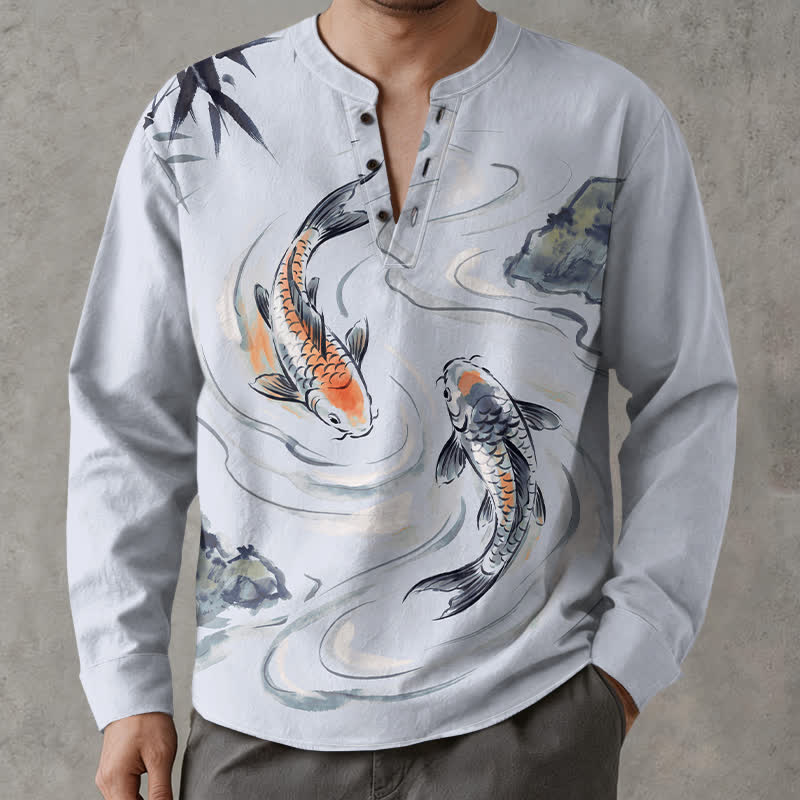 Buddha Stones Cotton Koi Lotus Ink Pattern V-Neck Buttons Men's Long Sleeve Shirts - AliceBlue - US/UK/AU48，EU58 (4XL) - image 14