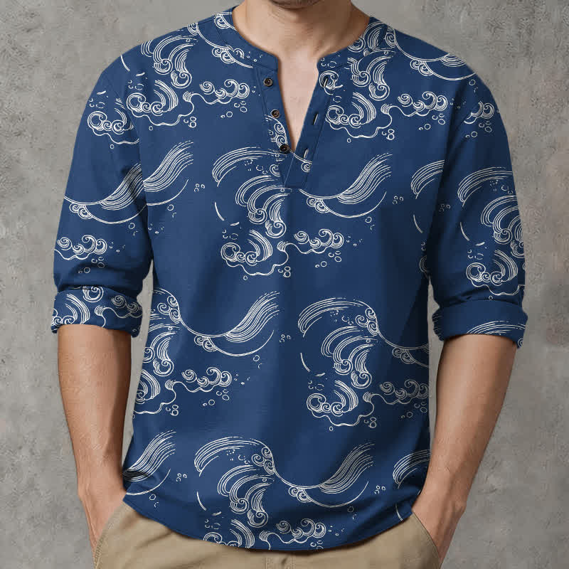 Buddha Stones Cotton Cloud Wave Pattern V-Neck Buttons Men's Long Sleeve Shirts - Navy - US/UK/AU48，EU58 (4XL) - image 0