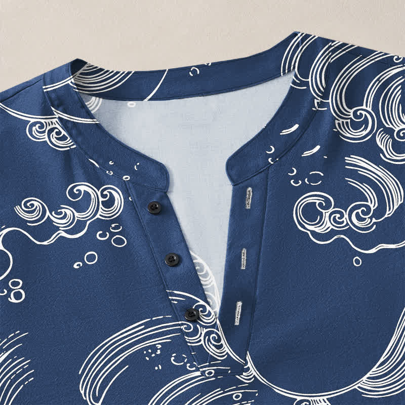 Buddha Stones Cotton Cloud Wave Pattern V-Neck Buttons Men's Long Sleeve Shirts - image 4