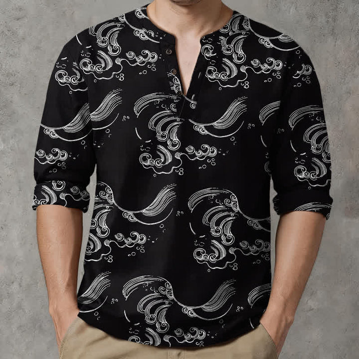Buddha Stones Cotton Cloud Wave Pattern V-Neck Buttons Men's Long Sleeve Shirts - image 8