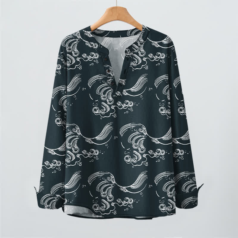 Buddha Stones Cotton Cloud Wave Pattern V-Neck Buttons Men's Long Sleeve Shirts - image 16