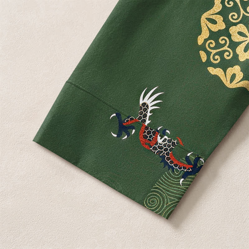 Buddha Stones Cotton Dragon Cloud Pattern V-Neck Buttons Men's Long Sleeve Shirts - image 5
